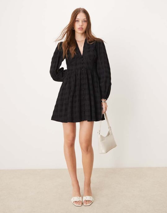 Nobody's Child Starlight cord mini dress with balloon sleeves in black check - Image 4