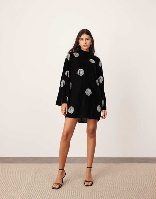 ASOS EDITION embellished diamante fringe high neck velvet mini dress in black - Image 1