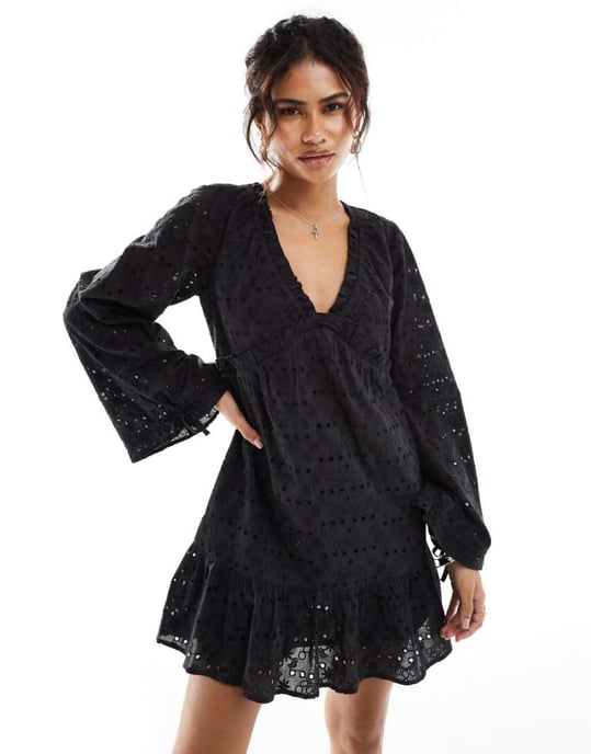 Reclaimed Vintage western broderie smock mini dress in black - Image 1