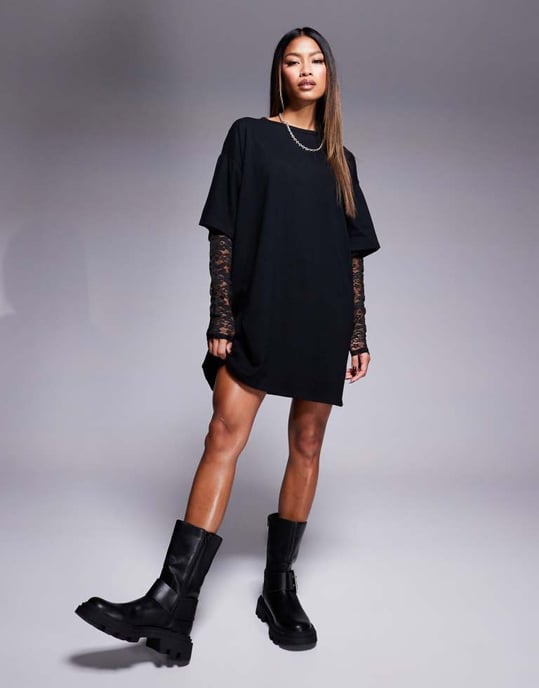 ASOS DESIGN t-shirt mini dress with lace sleeves in black - Image 4