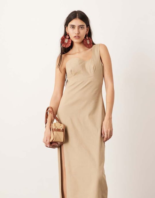 ASOS EDITION wavey one shoulder maxi dress in stone - Image 4