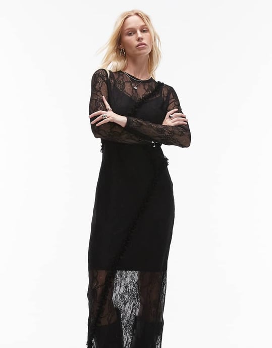 Topshop lace ruffle long sleeve maxi dress in black - Image 2