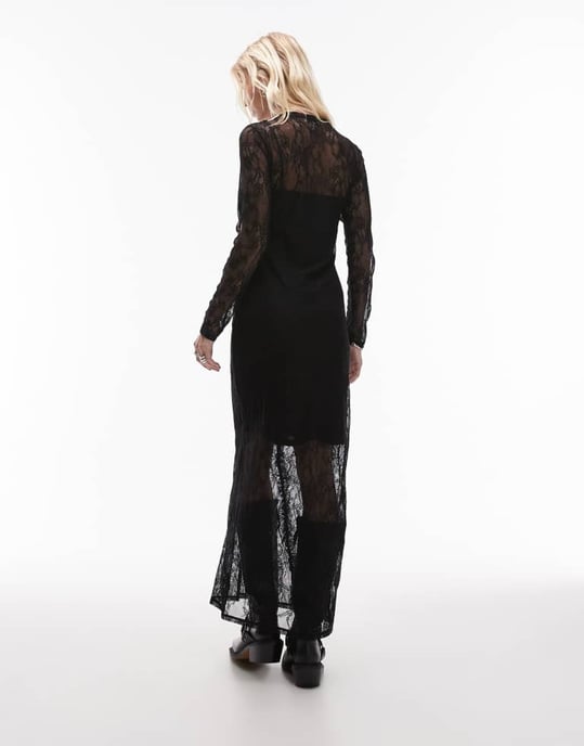 Topshop lace ruffle long sleeve maxi dress in black - Image 4
