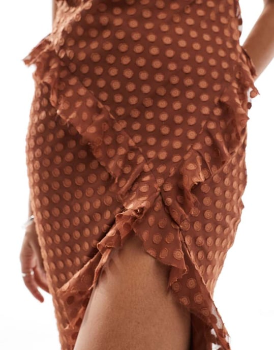 ASOS DESIGN cowl neck bias maxi dress with frills in spot jacquard - Image 3