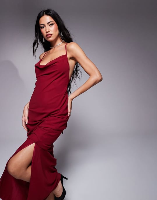 ASOS DESIGN bias strappy cross back maxi in burgundy - Image 2