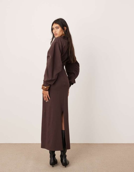 ASOS EDITION textured jersey column midaxi dress with pleat sleeves in mahogany - Image 3