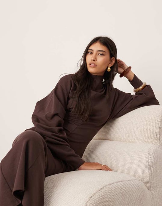 ASOS EDITION textured jersey column midaxi dress with pleat sleeves in mahogany - Image 4
