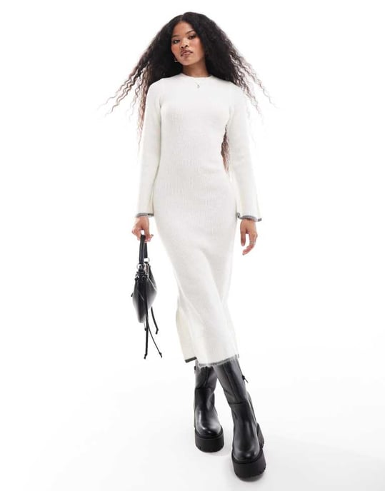 Vila Petite super soft knitted midi dress with contrast edge in winter white - Image 2