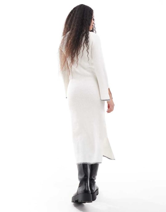 Vila Petite super soft knitted midi dress with contrast edge in winter white - Image 3