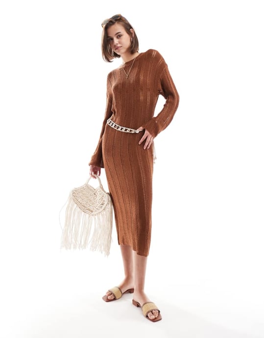 ASOS DESIGN open stitch knitted midi dress in toffee - Image 1