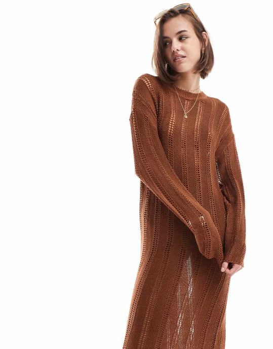 ASOS DESIGN open stitch knitted midi dress in toffee - Image 2