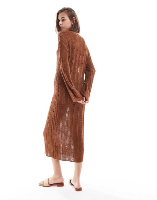 ASOS DESIGN open stitch knitted midi dress in toffee - Image 4