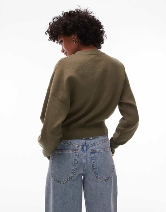 Topshop stickad komprimerad passande midjekort cardigan i khaki - Image 2