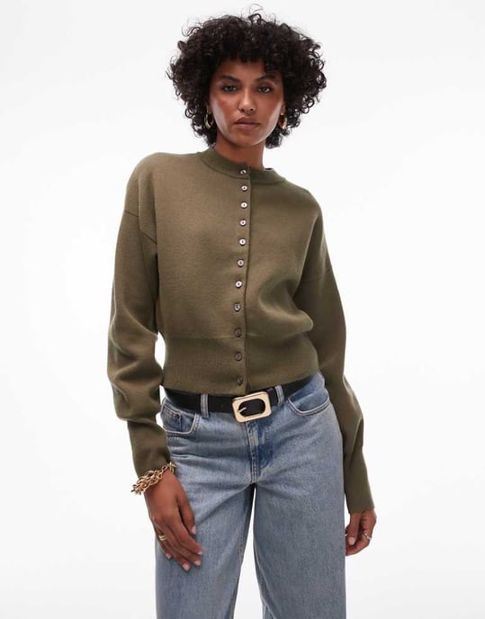 Topshop stickad komprimerad passande midjekort cardigan i khaki - Image 4