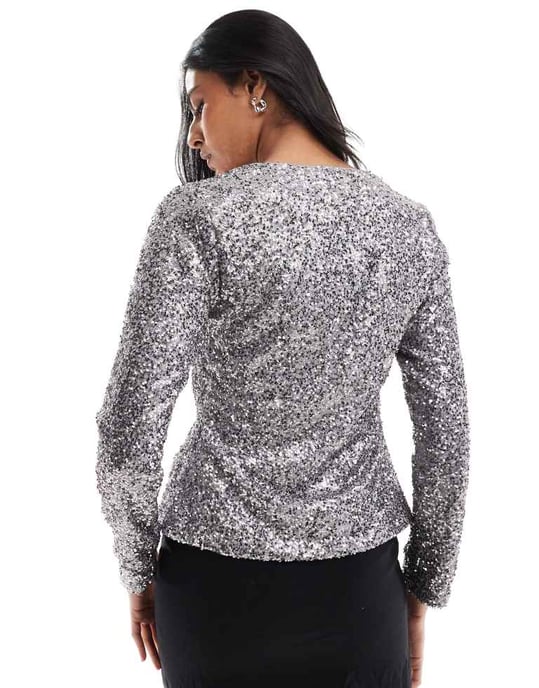 Never Fully Dressed paljettstickad cardigan i gunmetal - Image 3