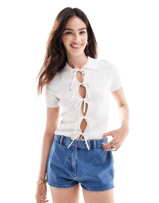 ASOS DESIGN stickad cardigan med knyt framtill och krage i vitt - Image 1