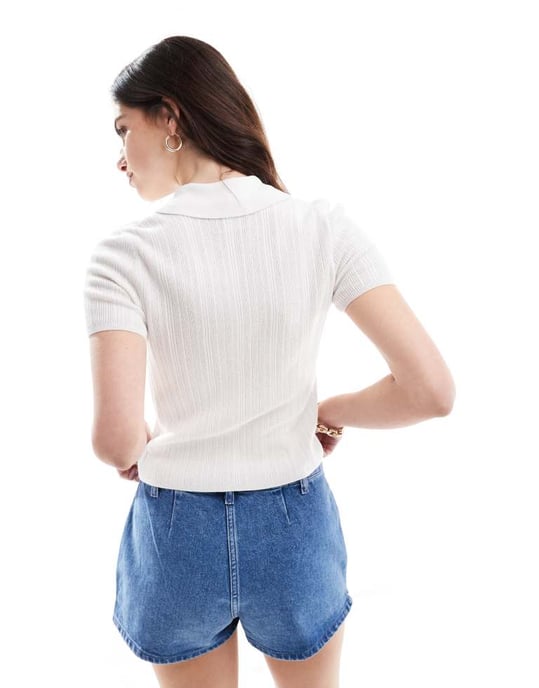 ASOS DESIGN stickad cardigan med knyt framtill och krage i vitt - Image 3