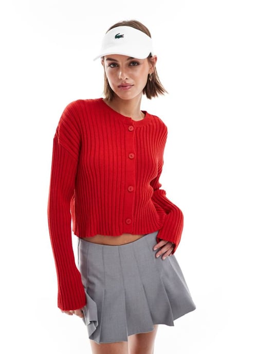 ASOS DESIGN rundhalsad knapplång kofta i bomullsblandning i röd - Image 1