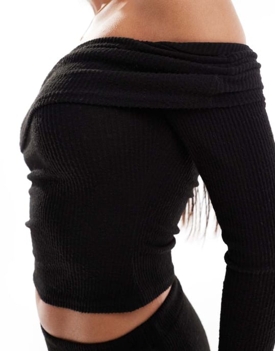 Kaiia exklusiv mjuk ribbad bardot långärmad topp co-ord i svart - Image 3