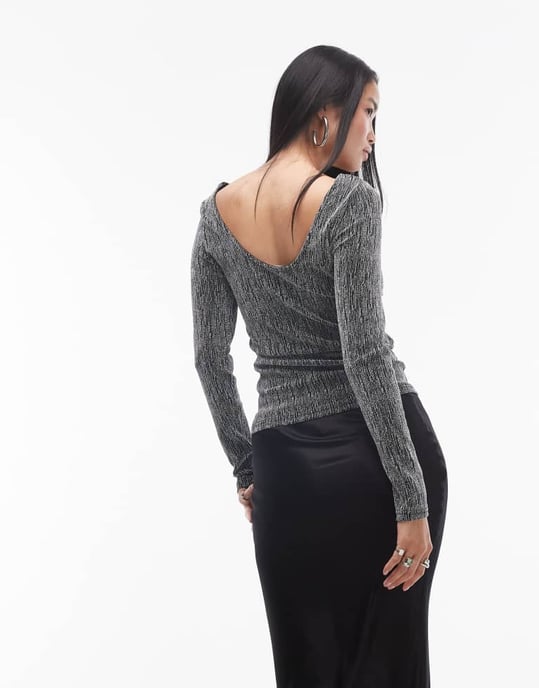 Selected Femme långärmad glittrig topp i silver - Image 4