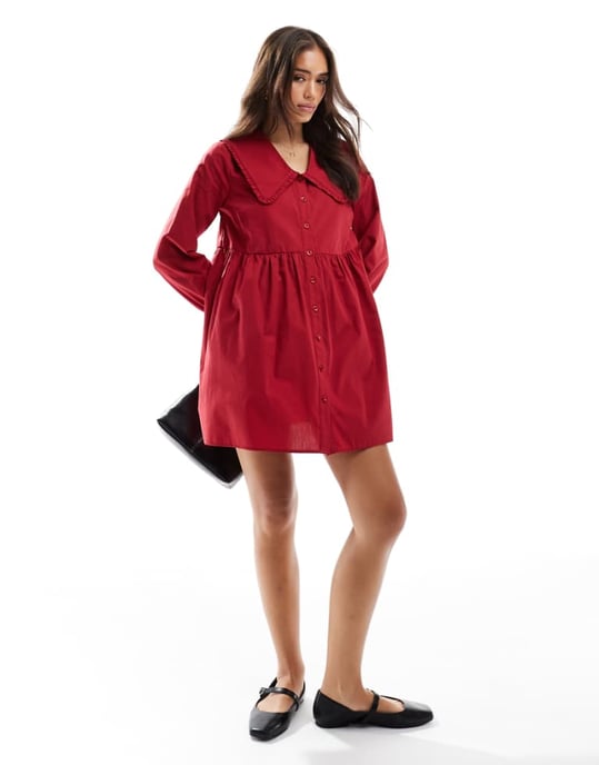 ASOS DESIGN poplin oversized smock mini dress in red - Image 1