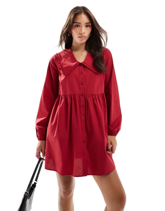 ASOS DESIGN poplin oversized smock mini dress in red - Image 2