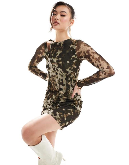 ASOS DESIGN long sleeve slash neck mini dress in brown cow print - Image 1