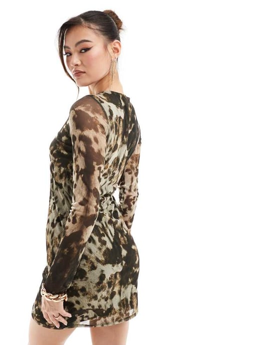 ASOS DESIGN long sleeve slash neck mini dress in brown cow print - Image 3