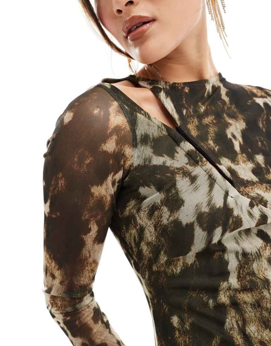ASOS DESIGN long sleeve slash neck mini dress in brown cow print - Image 4