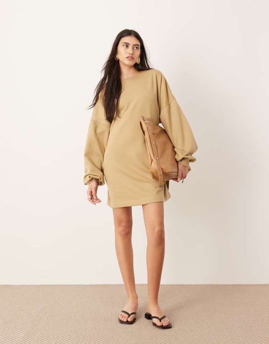 ASOS EDITION jersey crew neck mini dress with open back detail in khaki green - Image 2