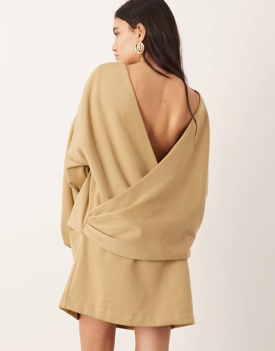 ASOS EDITION jersey crew neck mini dress with open back detail in khaki green - Image 3