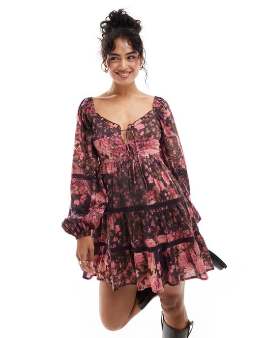 Miss Selfridge cotton lace insert tiered mini dress in patchwork floral - Image 1