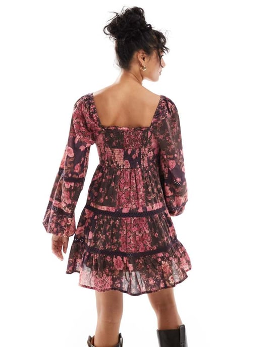Miss Selfridge cotton lace insert tiered mini dress in patchwork floral - Image 4