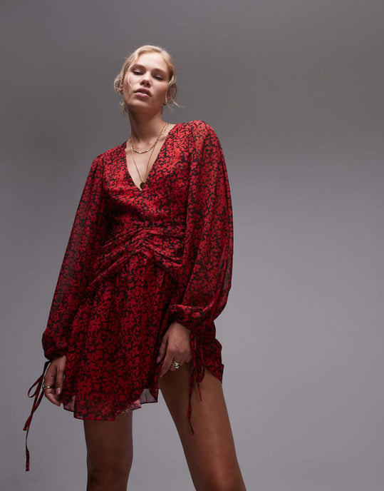 Topshop ruch waist v neck mini tea dress in red floral - Image 1