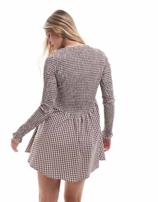 ASOS DESIGN shirred long sleeve mini dress in brown gingham - Image 2