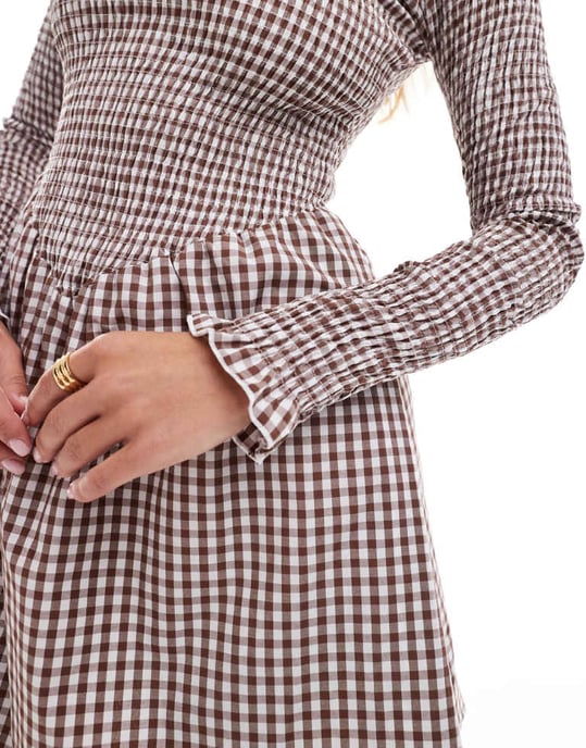 ASOS DESIGN shirred long sleeve mini dress in brown gingham - Image 3