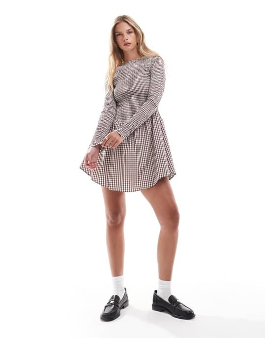 ASOS DESIGN shirred long sleeve mini dress in brown gingham - Image 4