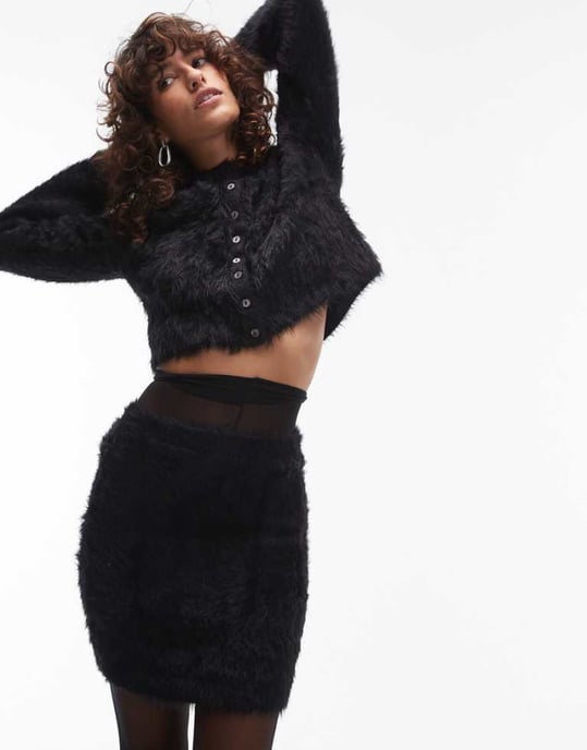 Topshop knitted fluffy mini skirt co-ord in black - Image 1