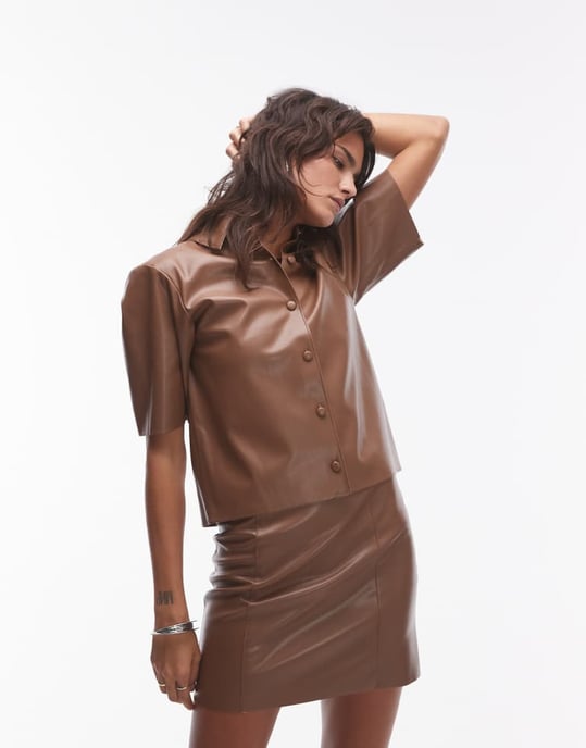 Topshop faux leather co ord mini skirt in chocolate - Image 3