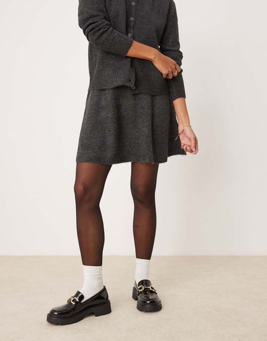 Vila Petite knitted mini skirt co-ord in dark grey - Image 3