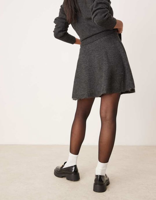 Vila Petite knitted mini skirt co-ord in dark grey - Image 4