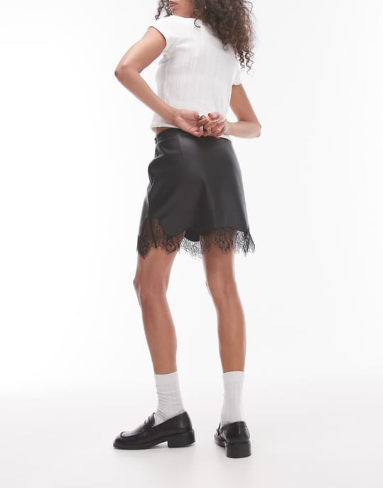 Topshop faux leather lace insert mini skirt in black - Image 4