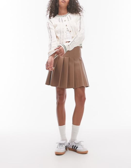 Topshop faux leather clean pleat mini skirt in coffee - Image 1