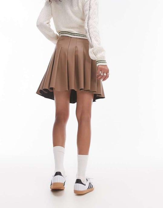 Topshop faux leather clean pleat mini skirt in coffee - Image 4