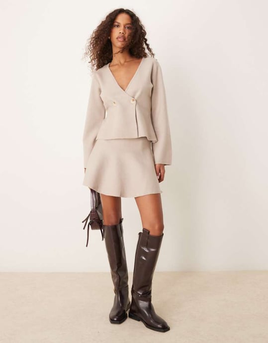 Vila structured knit mini skirt co-ord in natural melange - Image 1