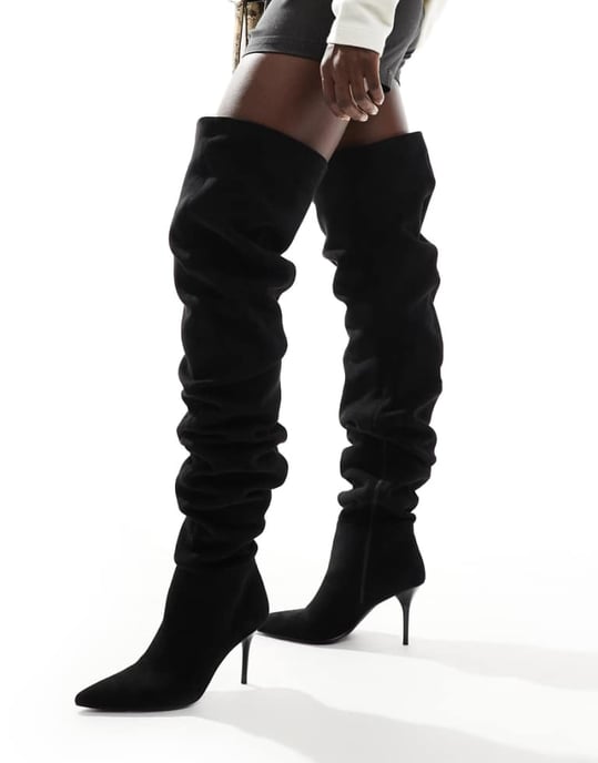 ASOS DESIGN Knock ruched heeled over the knee boots in black - Image 1
