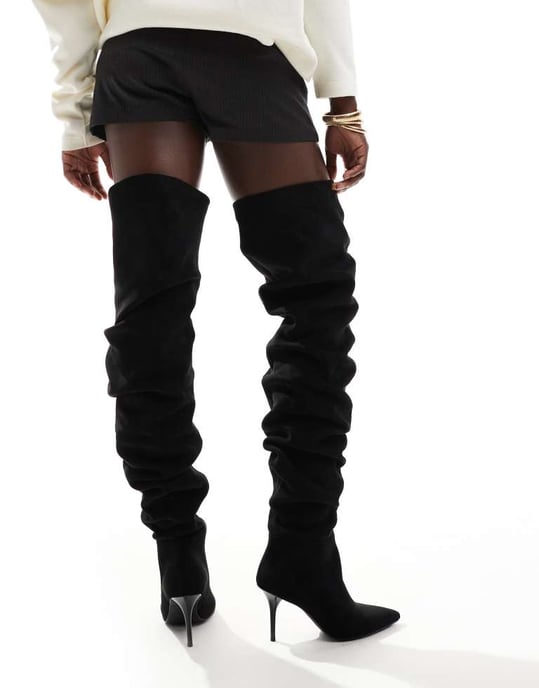 ASOS DESIGN Knock ruched heeled over the knee boots in black - Image 3