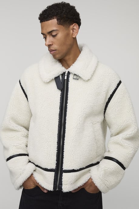 Oversized Fit Borg PU Seam Aviator Jacket - Image 1
