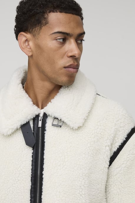 Oversized Fit Borg PU Seam Aviator Jacket - Image 3