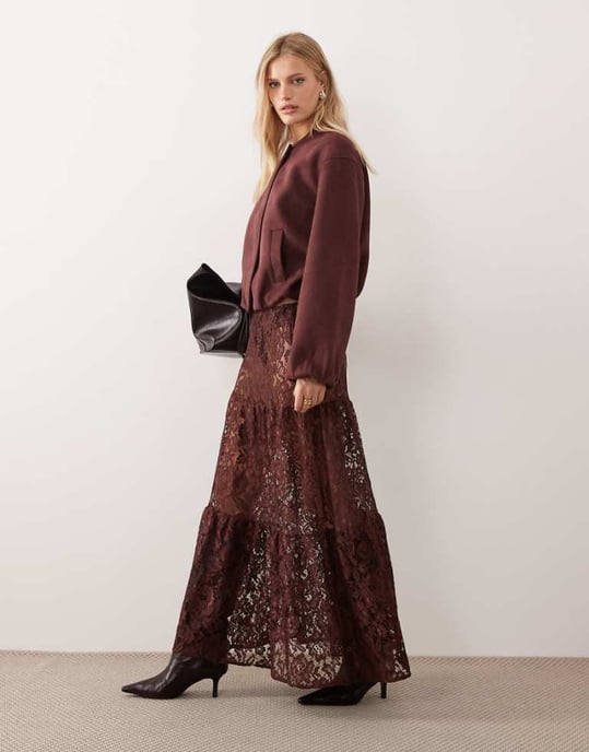 ASOS DESIGN lace tiered maxi skirt in chocolate - Image 1